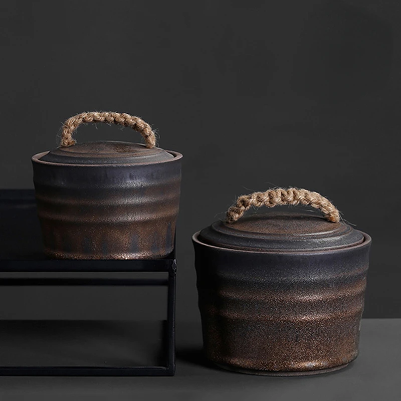 

Tea Pot Retro Nostalgic Stoneware Jar with Lid Moisture-proof Sealed Storage Jar Candy Food Storage Container Home Decoration