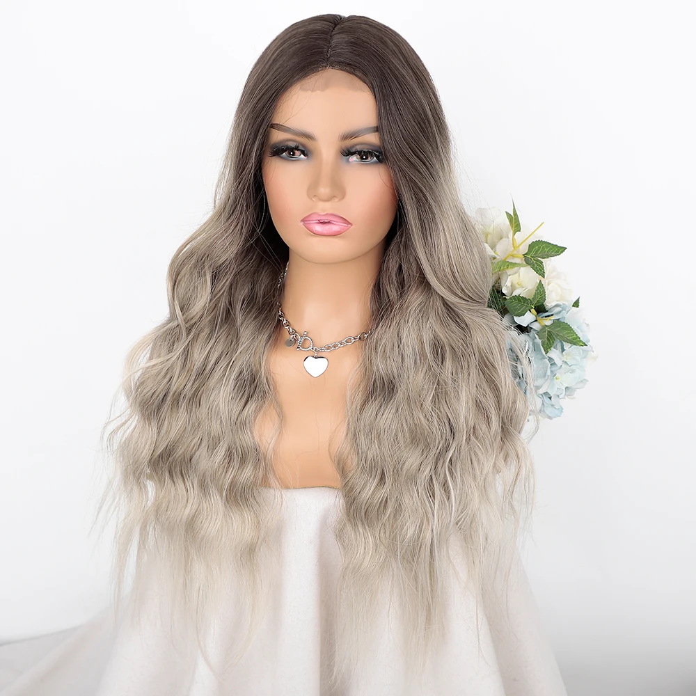 

AISI HAIR синтетический длинный Омбре смешанный пепельно-коричневый волнистый парик средней части парики для женщин термостойкие натуральные ...