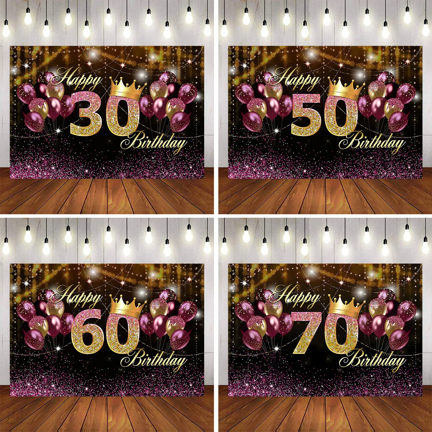 

Happy 30th 40th 50th 60th 70th Birthday Party Backdrop Purple Gold Balloon Crown Photo Booth Banner for Women Custom Name Age