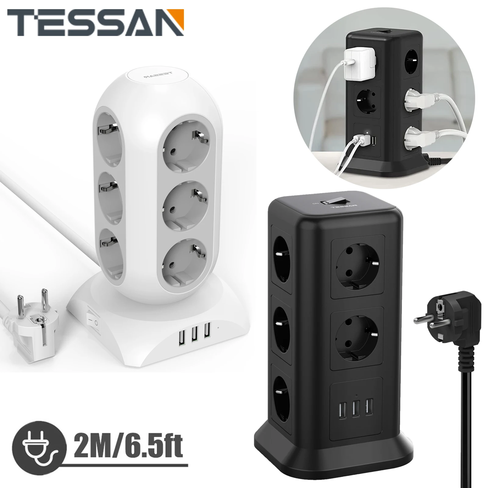 

Удлинитель TESSAN с европейской вилкой, 11/12 розеток переменного тока и 3 USB-портами, многофункциональная розетка с кабелем 1,5 м/2 м