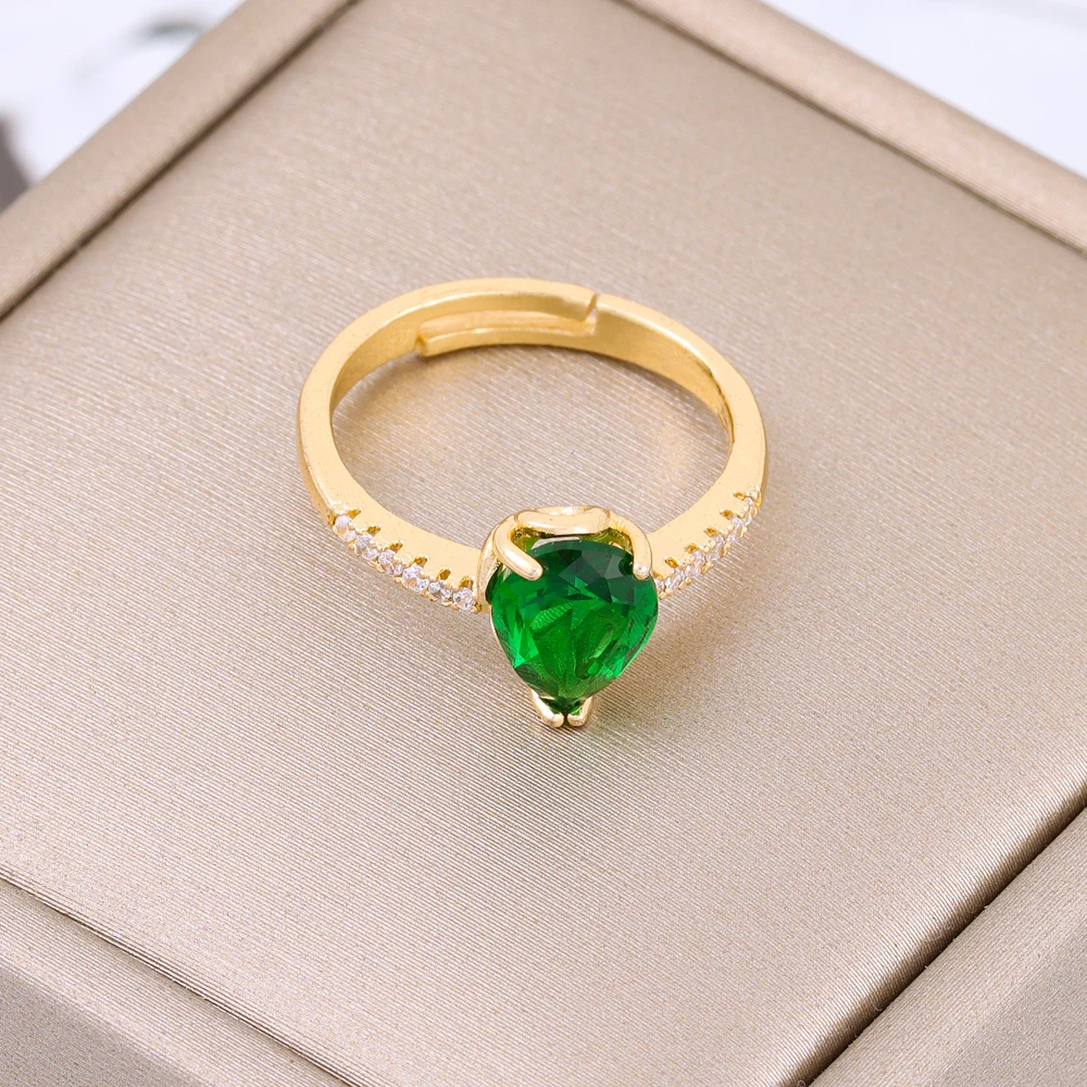 

New In Classic Retro Style Green Zircon Crystal Open Rings For Women Trendy Luxury Female Stainless Steel Finger Ring Jewelry