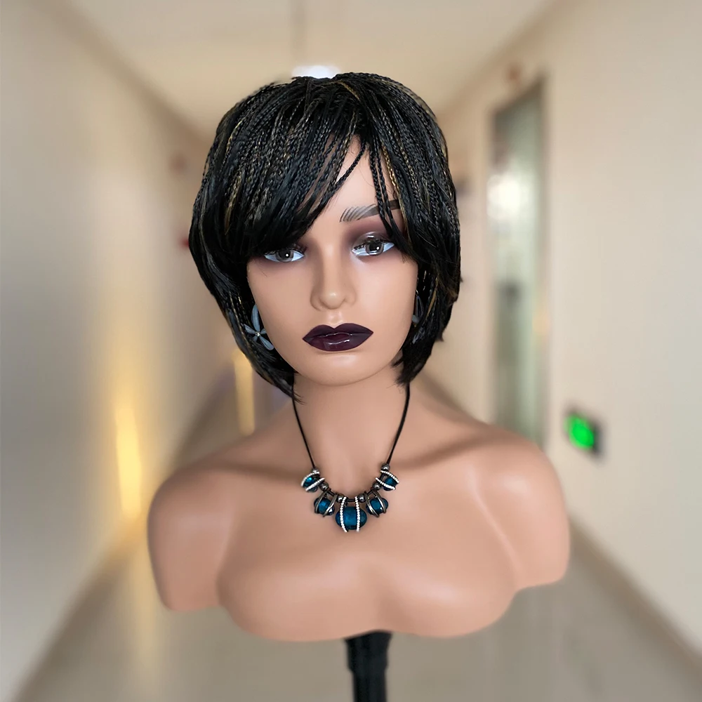 

Парики из натуральных плетеных волос с челкой, летний короткий парик для женщин, косичка из африканского парика, Термостойкое синтетическо...