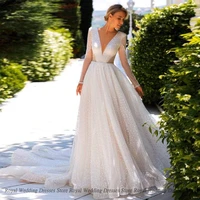 fashion a line wedding lace v neck draped tulle 2022 open back floor length beading paillette high quality gowns robe de ma
