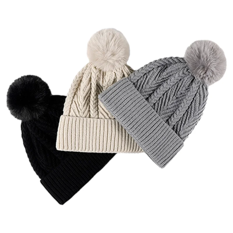 

Зимняя теплая вязаная шапка с помпоном для женщин и девушек, однотонная шапка для волос, головной убор, ветрозащитная плюшевая шапка для улицы