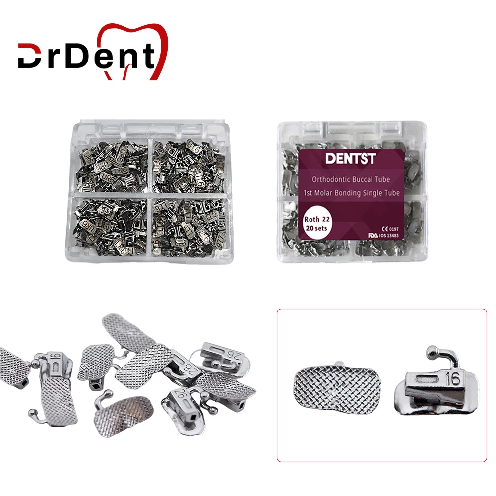 

Drdent Buccal Tube 200PCS/50sets 1st 2nd Molar Bondable Non-Convertible Mesh Base 0.022 Single Tube Roth Mbt