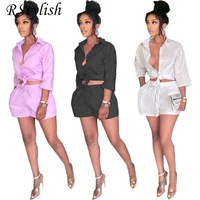 rstylish solid color button up 34 sleeve shirt top high waist shorts two piece set women casual streetwear tracksuits