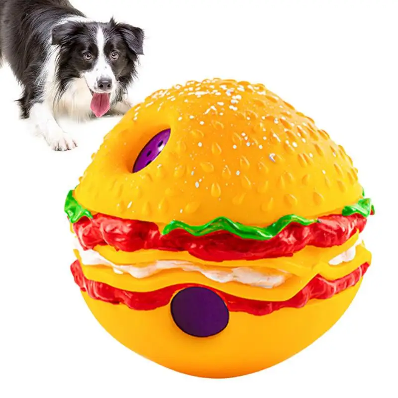 

Hamburger Shape Dog Squeaky Ball Funny Interactive Dog Chew Toy Bite Resistant Dog Tooth Clean Ball Food Toys For Pets Cats Dogs