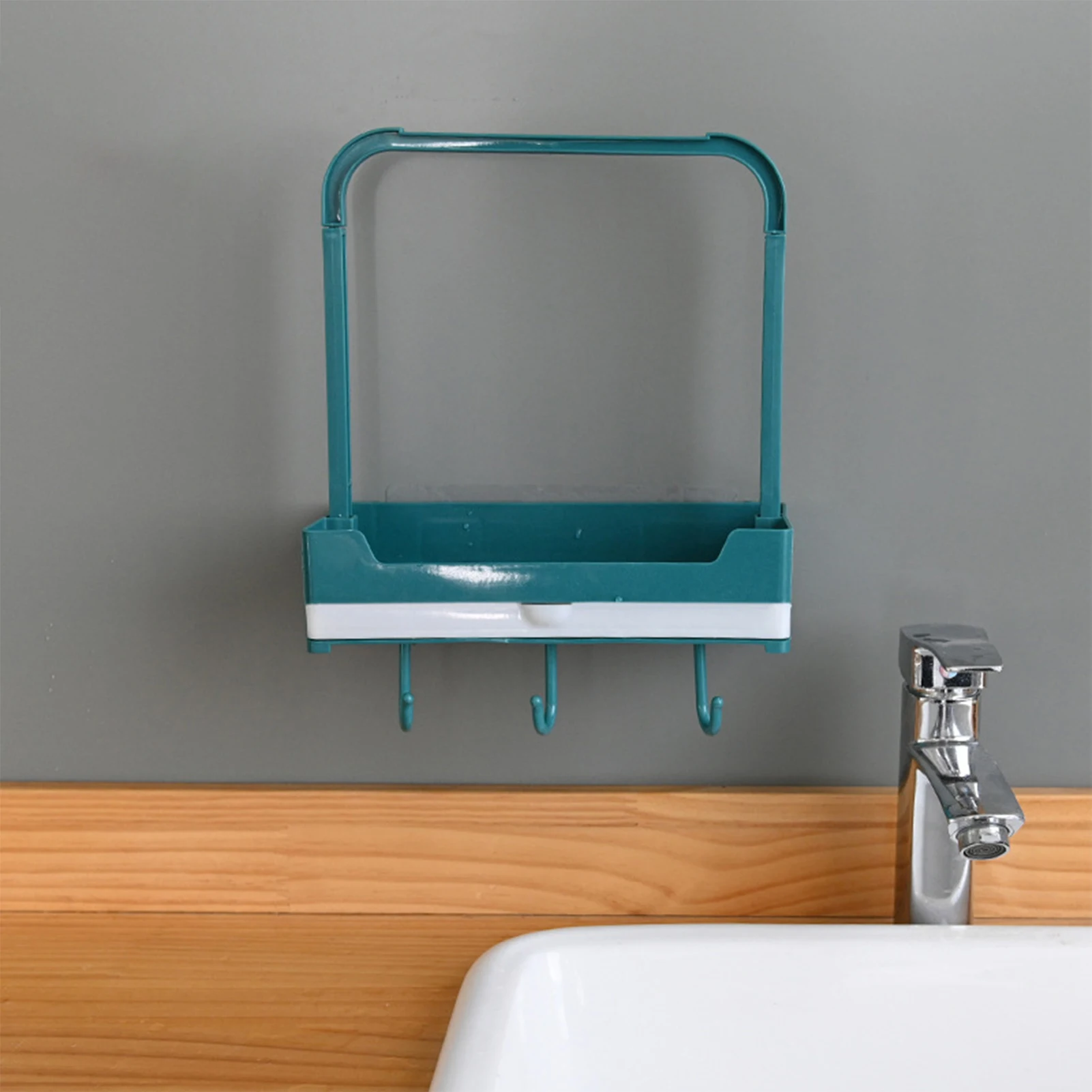 

Новейший органайзер для кухонной раковины, держатель губки, мыла, полотенец со сливным лотком и съемным крючком, компактная настенная и сто...