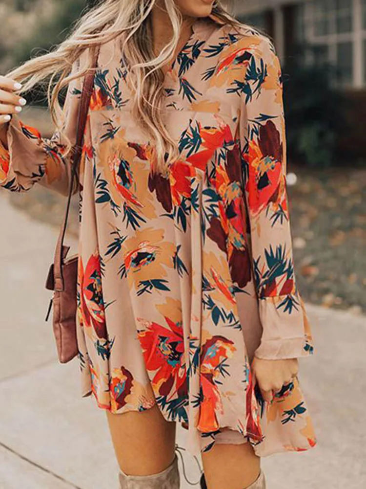 

Sexy V-neck Floral Pattern Printed Mini Dress Elegant Beach Dress Women Fashion Long Sleeved Party Dress