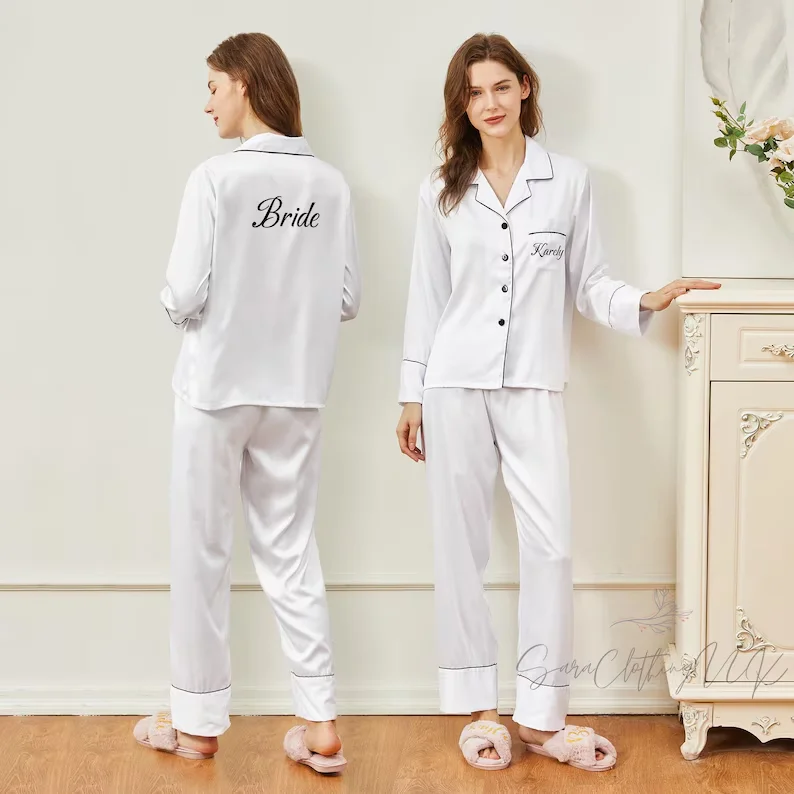 Фото Personalised Satin Pyjamas Bridesmaid Matching Pajamas Pajamas Set Monogram Party Wedding Gift Satin Pjs Custom Name №5