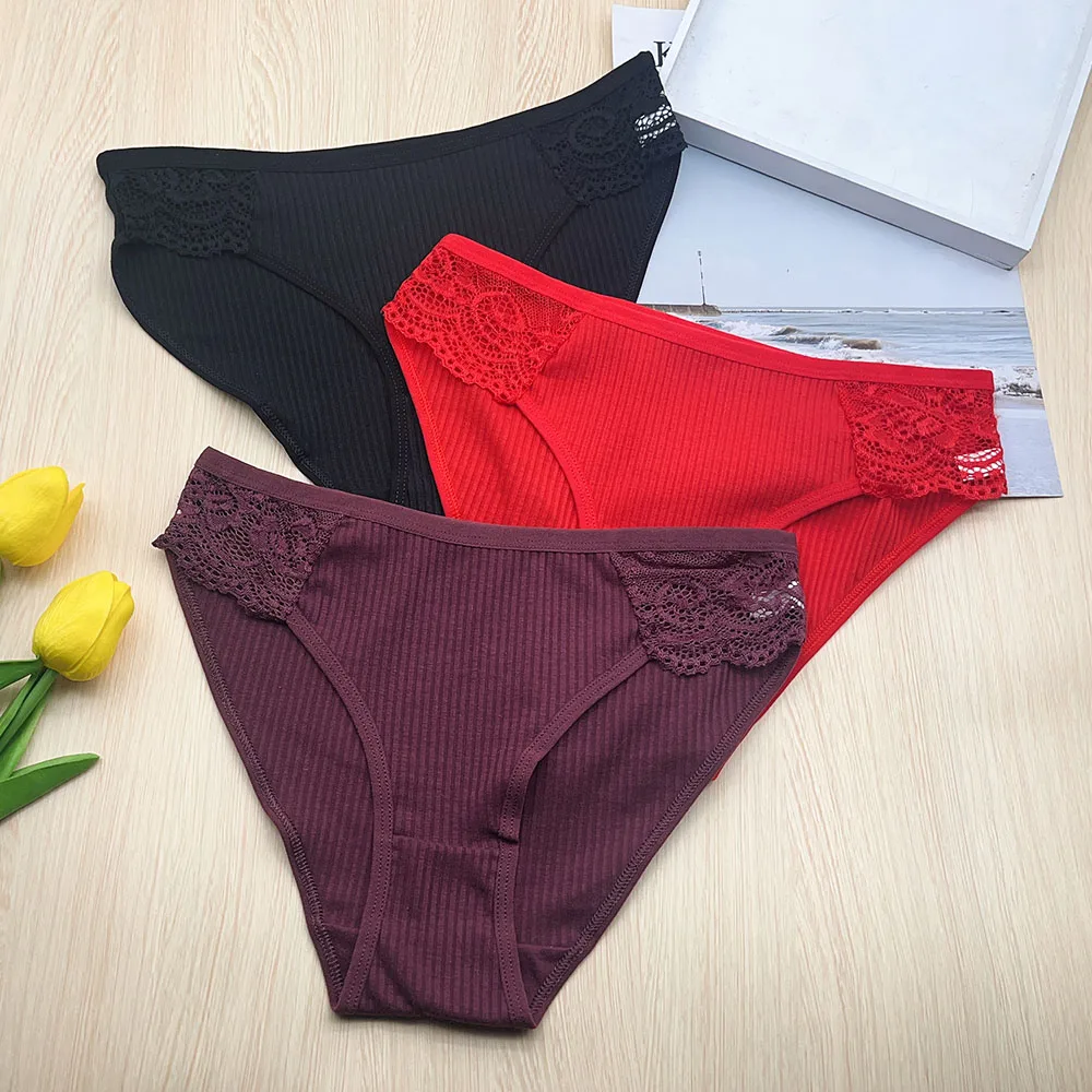 Moonflame 3 шт./компл. хлопковое нижнее белье в полоску женские кружевные трусики
