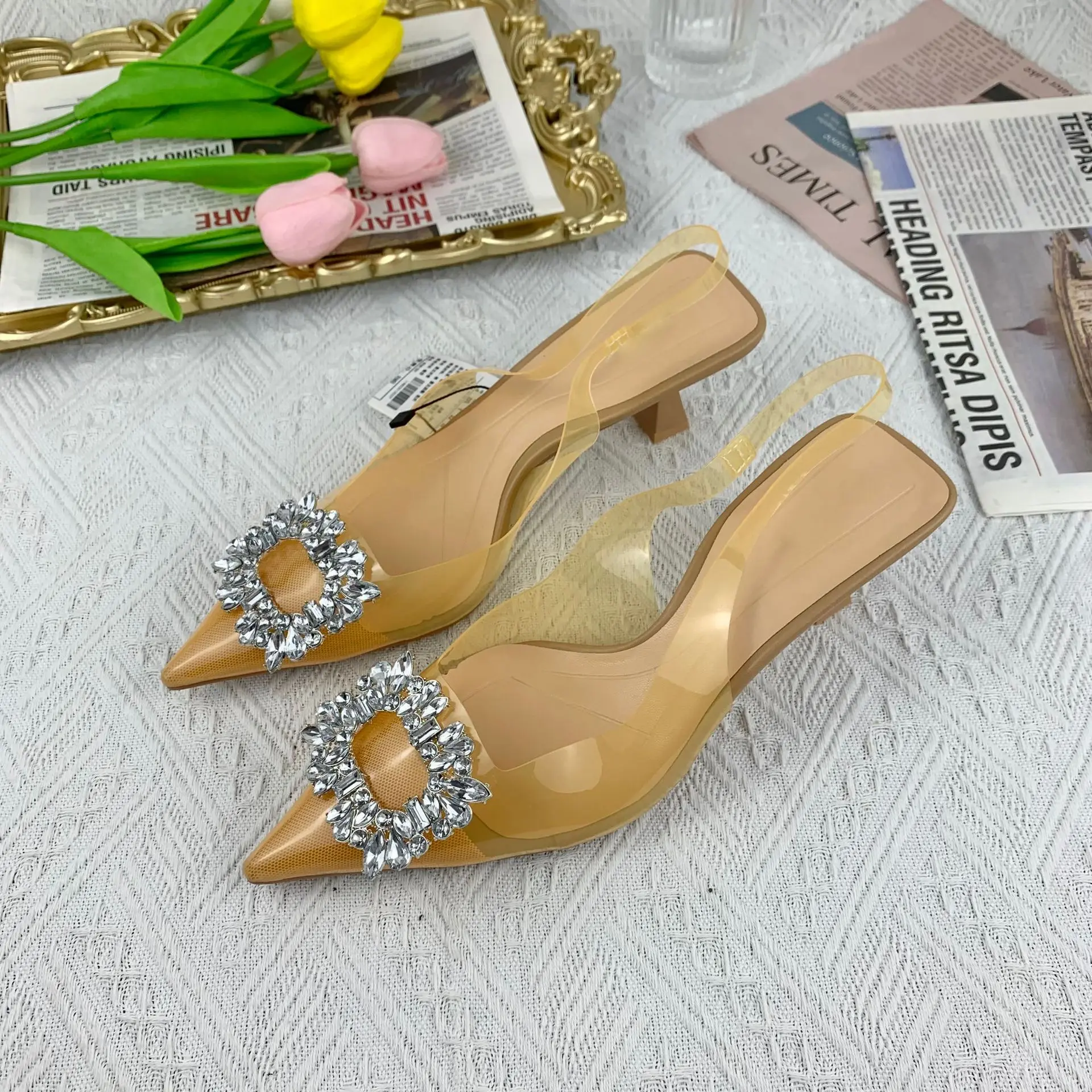 New Women Transparent Pumps Woman Rhinestone Sandals 2023 Spring Summer Sexy Party Pumps Stiletto Pointed Toe Slingback Heels