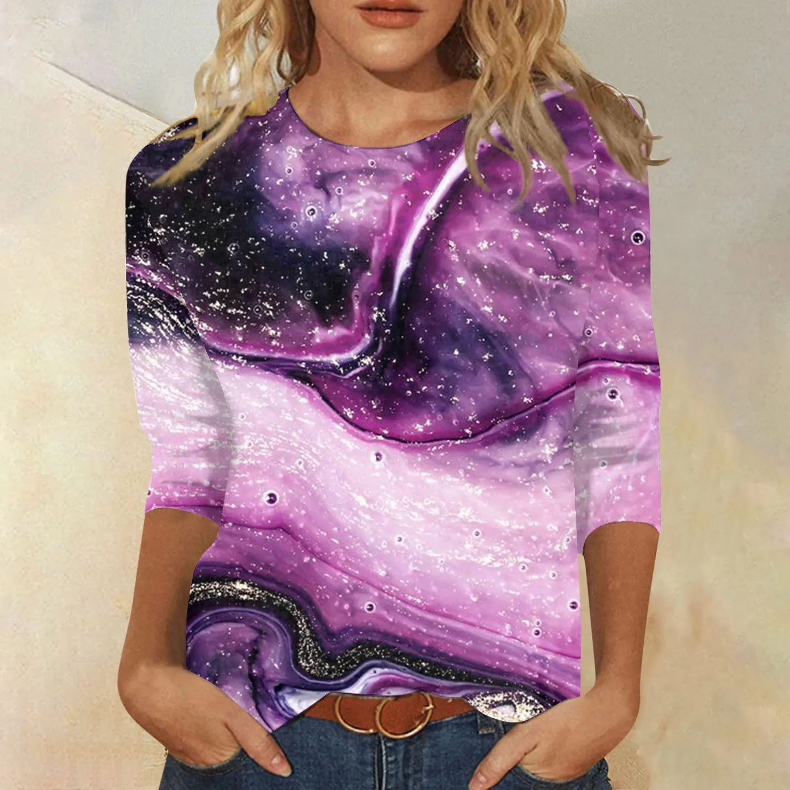 

Women Summer Tops Round Neck Three Quarter Sleeve Comfortable Print T Shirt Blouse