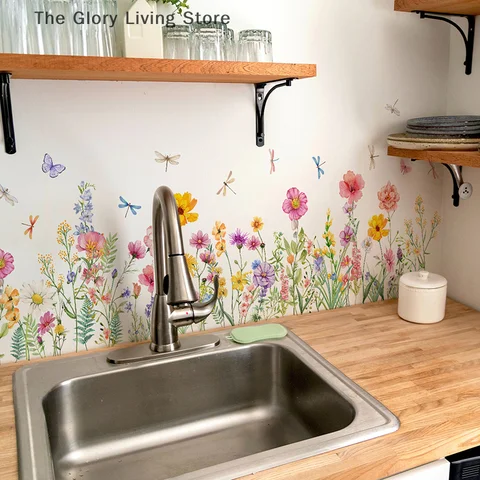 Настенные наклейки ПВХ, цветы, бабочки