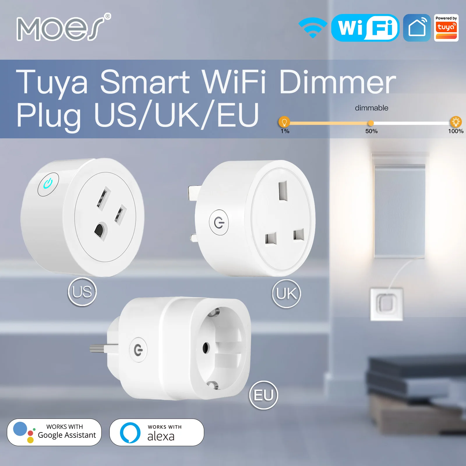 

Умная розетка MOES с Wi-Fi, таймер регулировки яркости для приложения Tuya Smart Life, Amazon Alexa Google, голосовое управление, ЕС/Великобритания/США