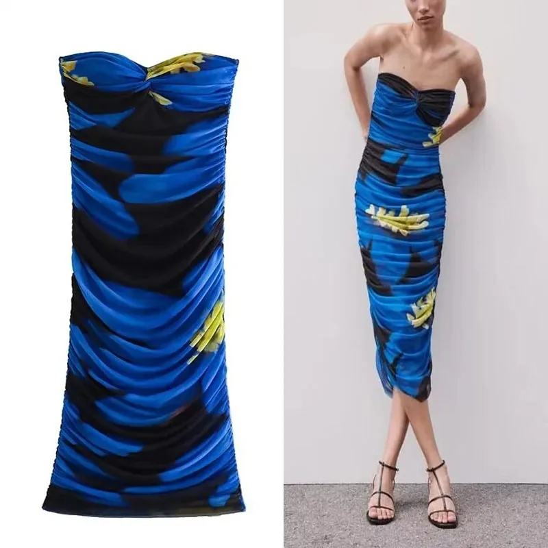 

TRAF Women's Printed Tulle Midi Dress Sexy Corset Backless Dress Ruched Straight Slim Dresses Summer Mujer 2023