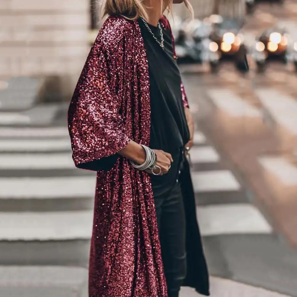 

Trendy Cape Jacket Outwear Cardigan Coat Open Stitch Shining Sequins Cardigan Jacket Top Dressing Up