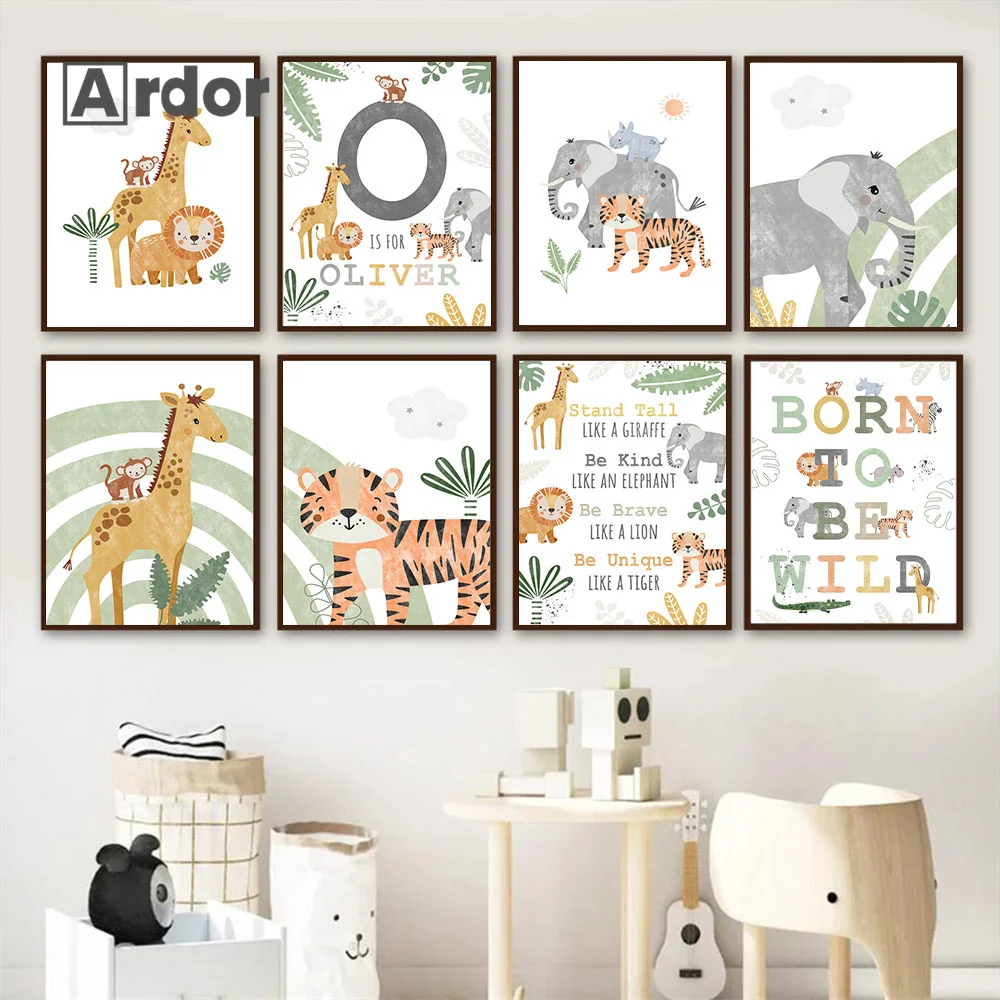 

Постер с именем на заказ, слон, жираф, тигр, радуга, животные, искусство, холст, живопись, настенные картины, декор для детской комнаты