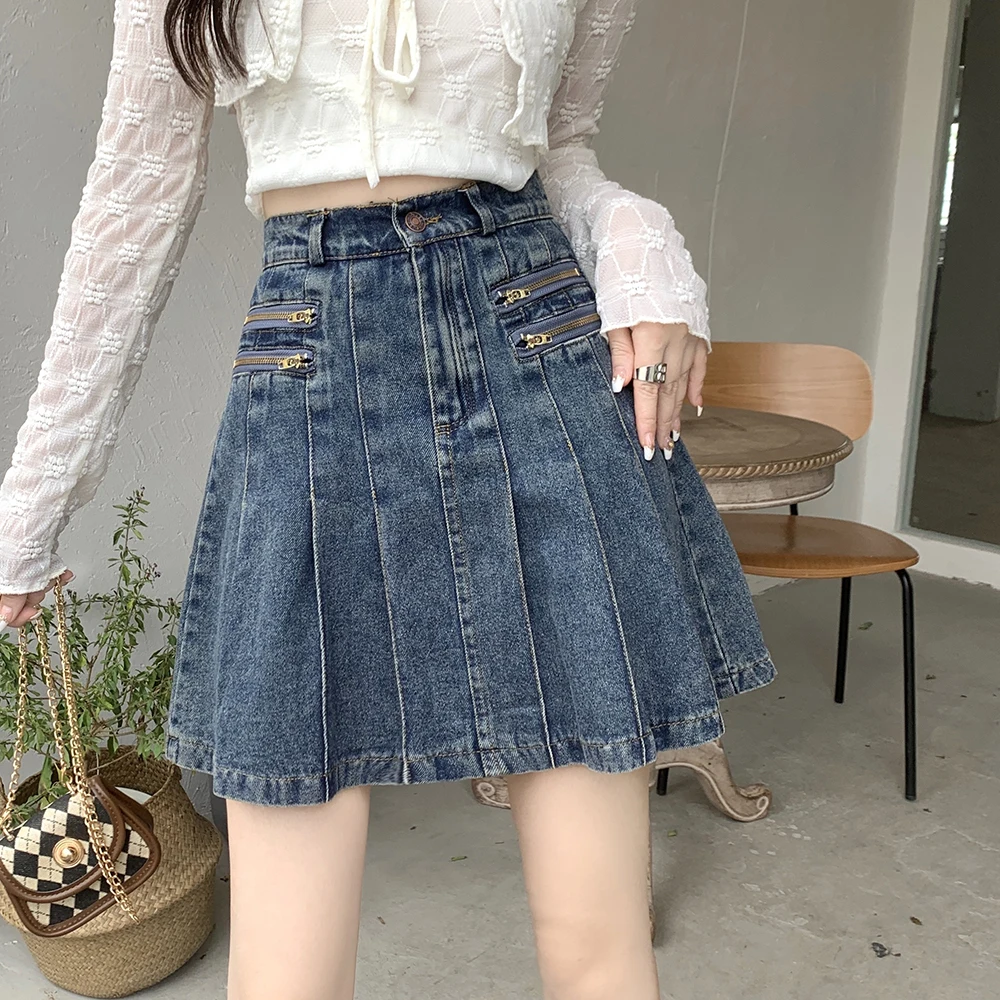 

Casual High Waist Denim Skirts Women 2022 Chic Zipper Jean Short Skirt Summer Vintage A-line Midi Long Pleated Skirts 40-100kg