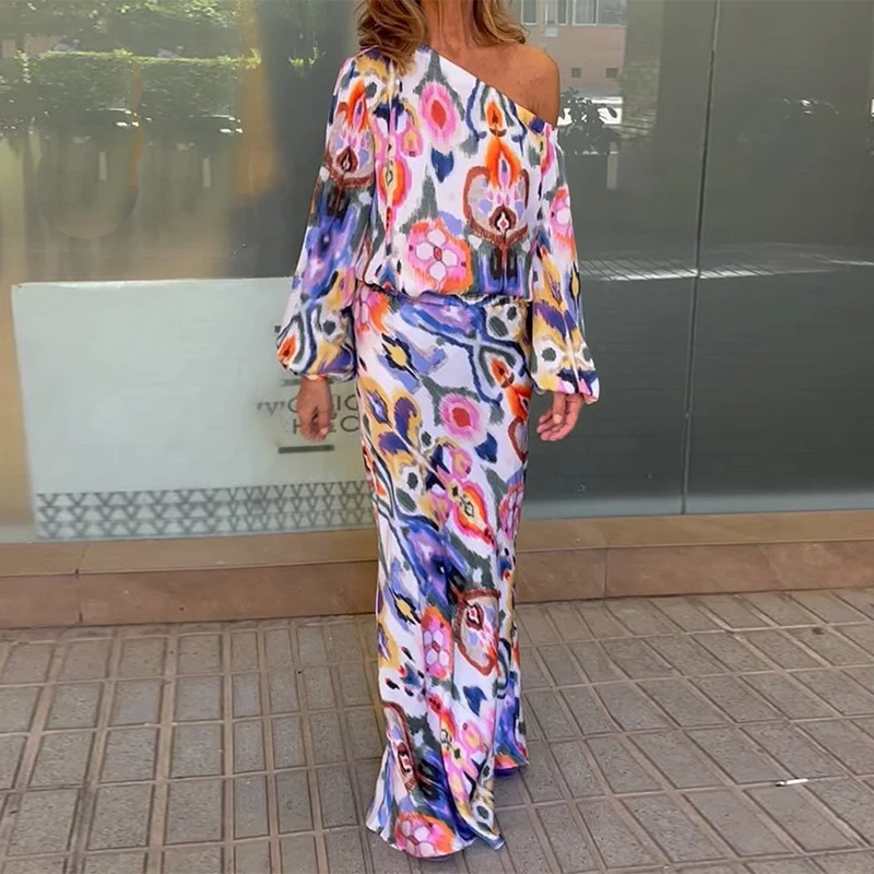 

2022 Two Piece Set Sexy Slash Neck Lantern Long Sleeve Tops&Fishtail Long Skirt Suit Women Autumn Party Outfits