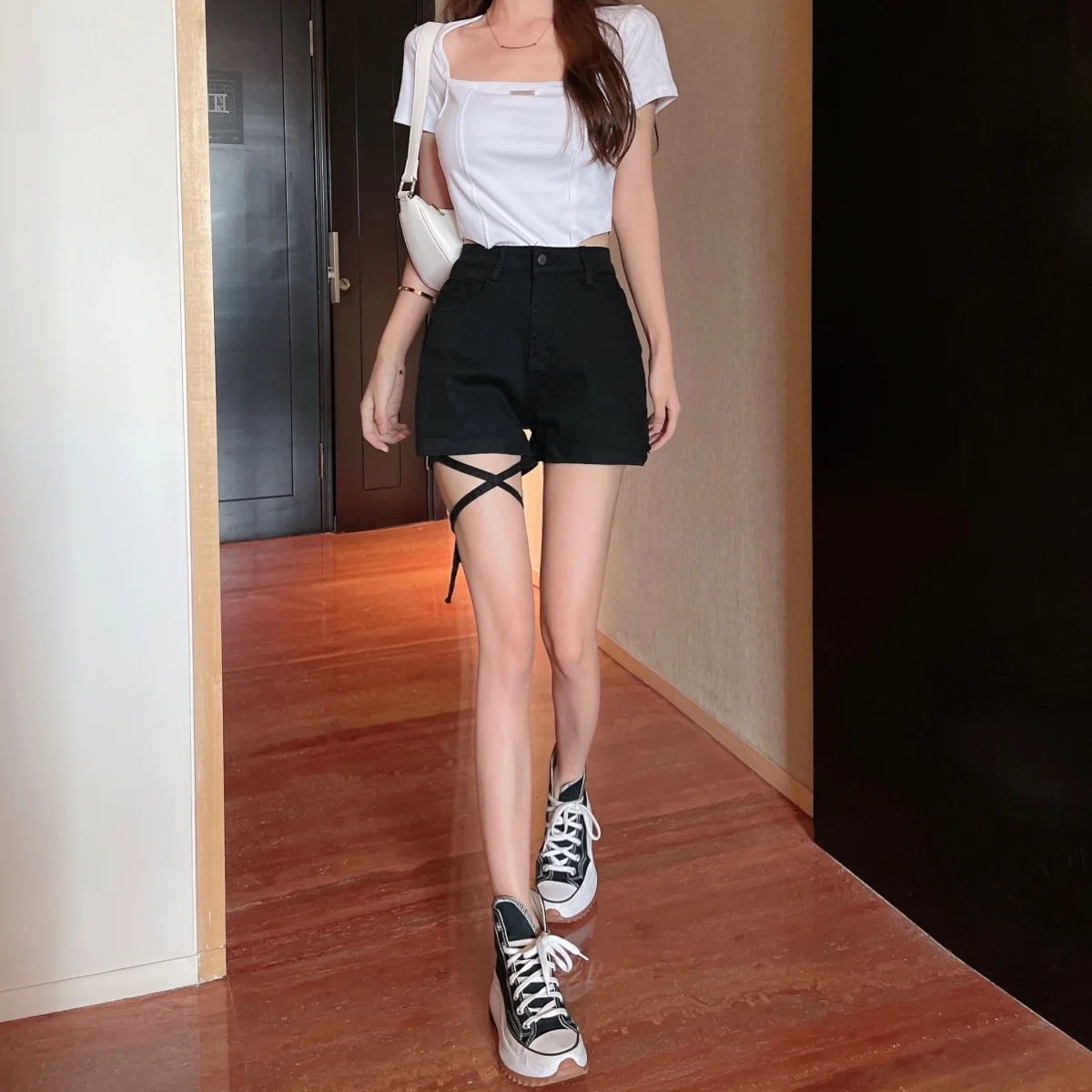 Sexy Hollow Out Irregular Design Strap Streetwear Denim Shorts Women High Waist Retro Casual Shorts Slim All Match Black Shorts