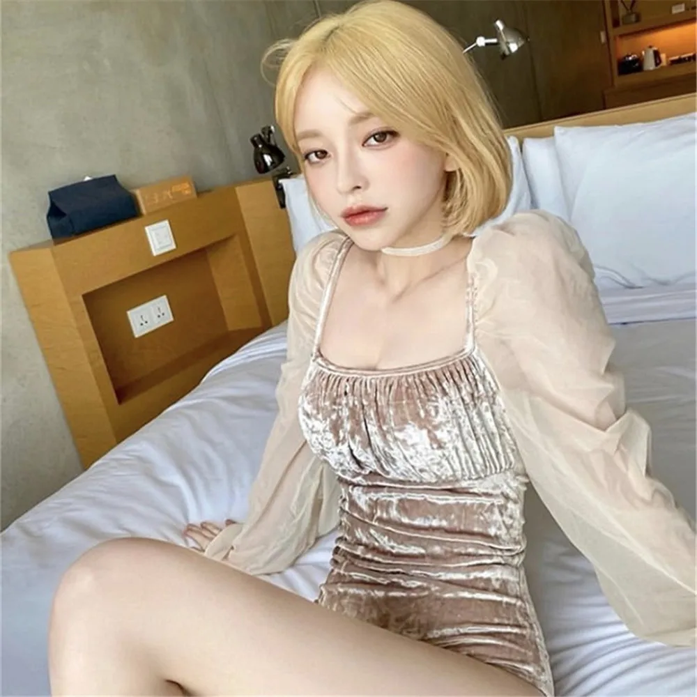 Бархатный Цельный купальник Женский однотонный монокини с длинным рукавом