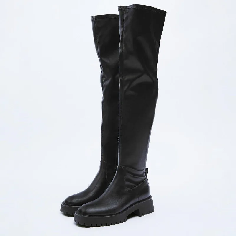 Women Fashion Over Knee Boots Zipper Thick Sole Chunky Heel Tall Elastic Long Boots Slim Knight Cowboy Motorcycle Boot Nightclub