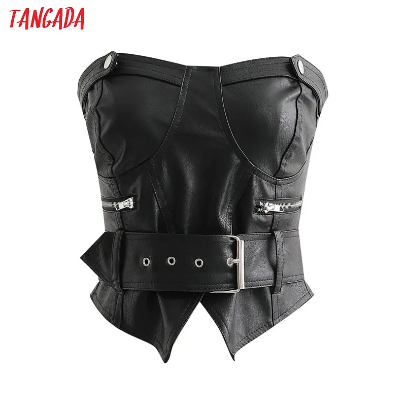 

Tangada Women Sexy V-neck black faux leather Tanks With Belt Zipper Strapless Backless Camisole Short Tops 1D143