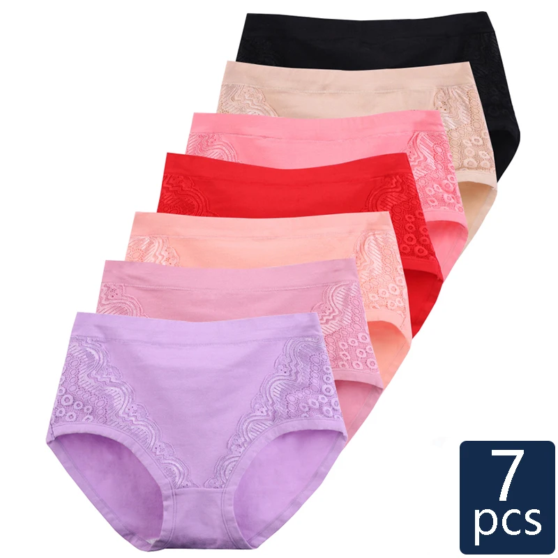 7pcs Cotton Women's Underwear Mid Waist Panties Sexy Lace Big Size Underpants Seamless Girl Briefs Comfort Flingerie XL-6XL