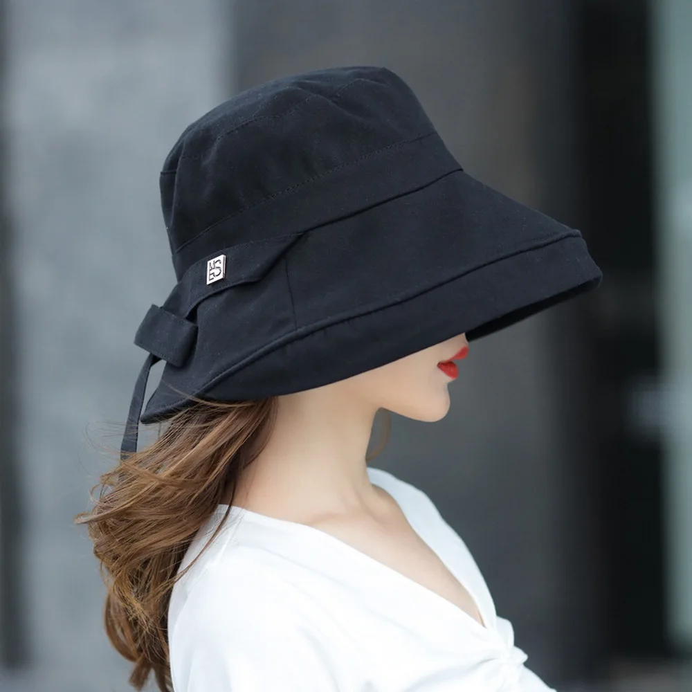 Female Bucket Hats Big Brim Sun Caps For Women Cotton Cover Your Face Design Bow 56-58cm Foldable Vacation Shade YF0137