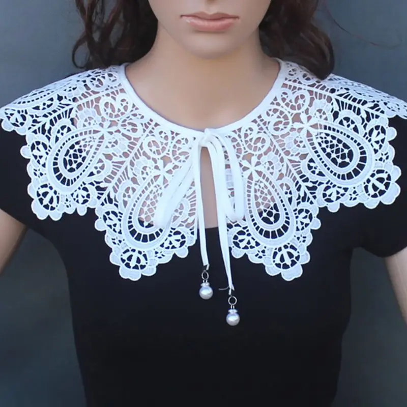 

Vintage Style Womens Doll False Fake Collar Hollow Out Crochet Lace Half Shirt Necklace Shawl with Imitation Pearl Bowtie