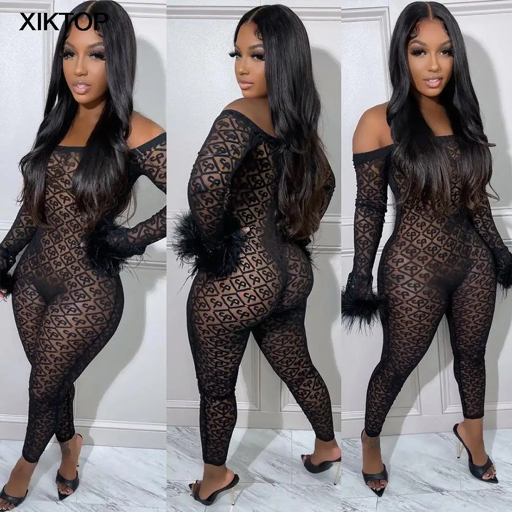 Xiktop See Through Mesh Black Jumpsuit Sexy Off Shoulder Long Sleeve Feather Tassel Bodycon One Piece Club Outfits Wholesale