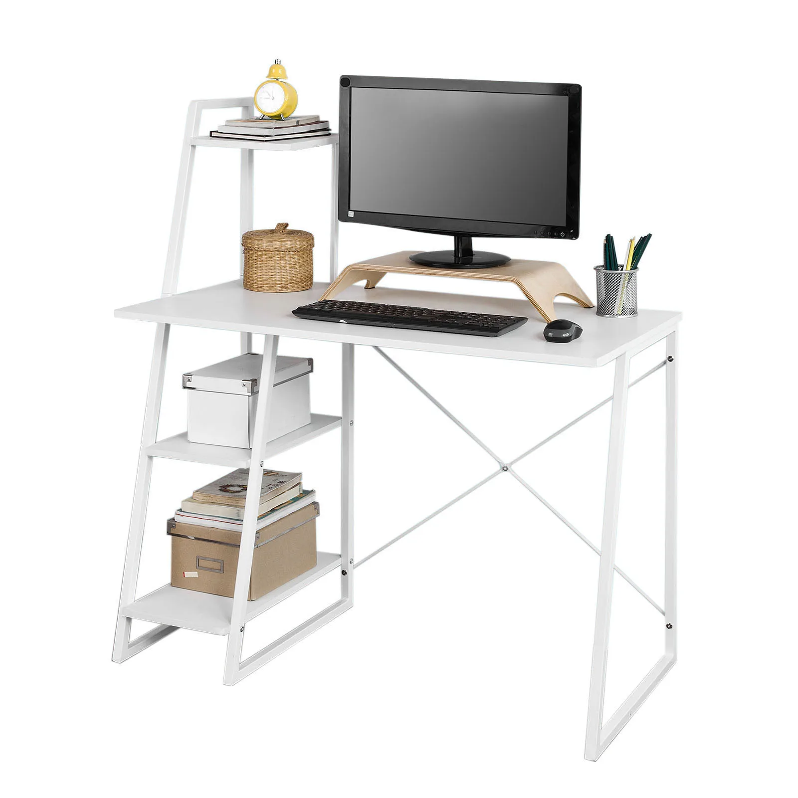 SoBuy® FWT29-W, Home Office Table Desk Computer Desk Workstation with 3 Tiers Side Storage Shelves, White