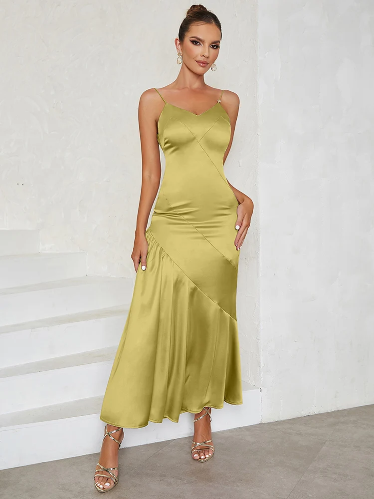 Sexy Spaghetti Straps Summer Dresses for Women Elegant Sleeveless V Neck Satin Fashion Casual Holidays Club Party Maxi Dress