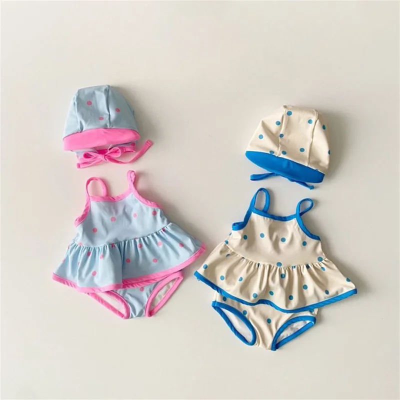 

Children Girls Cute Polka Dots Swimsuit Baby Strap Ruffle Tops + Shorts +Cap 3Pcs Toddlers Bathing Suit Summer Kids Bikini Set