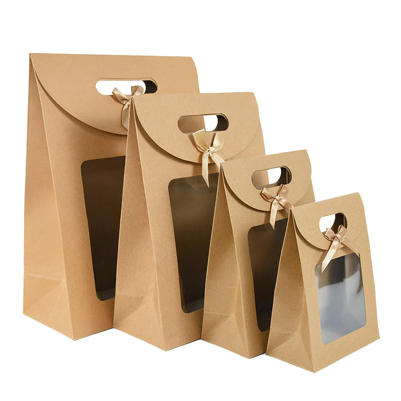 

2pcs Kraft Paper Bags with PVC Transparent Window Candy Cookie Gift Box Wedding Birthday Home Party Favor Portable Packaging Bag