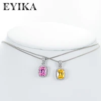 eyika luxury female yellow pink crystal zircon square baguette pendant necklace for women silver color vintage wedding jewelry