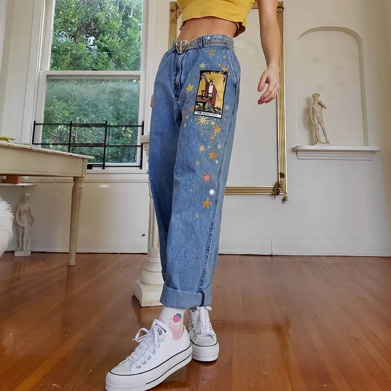 Women Loose Baggy Indie Aesthetic Jeans Mom Jeans 2023 New Casual Fashion People Print Denim Pants Womens All Match Clothing