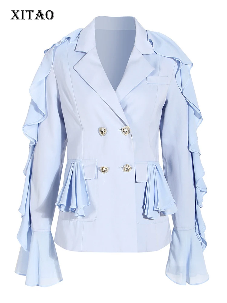 

XITAO Ruffle Blazer Fashion Solid Color Small Fresh Double Breast Small Fresh 2022 Light Luxury Diamond Buckle Coat WMD5863