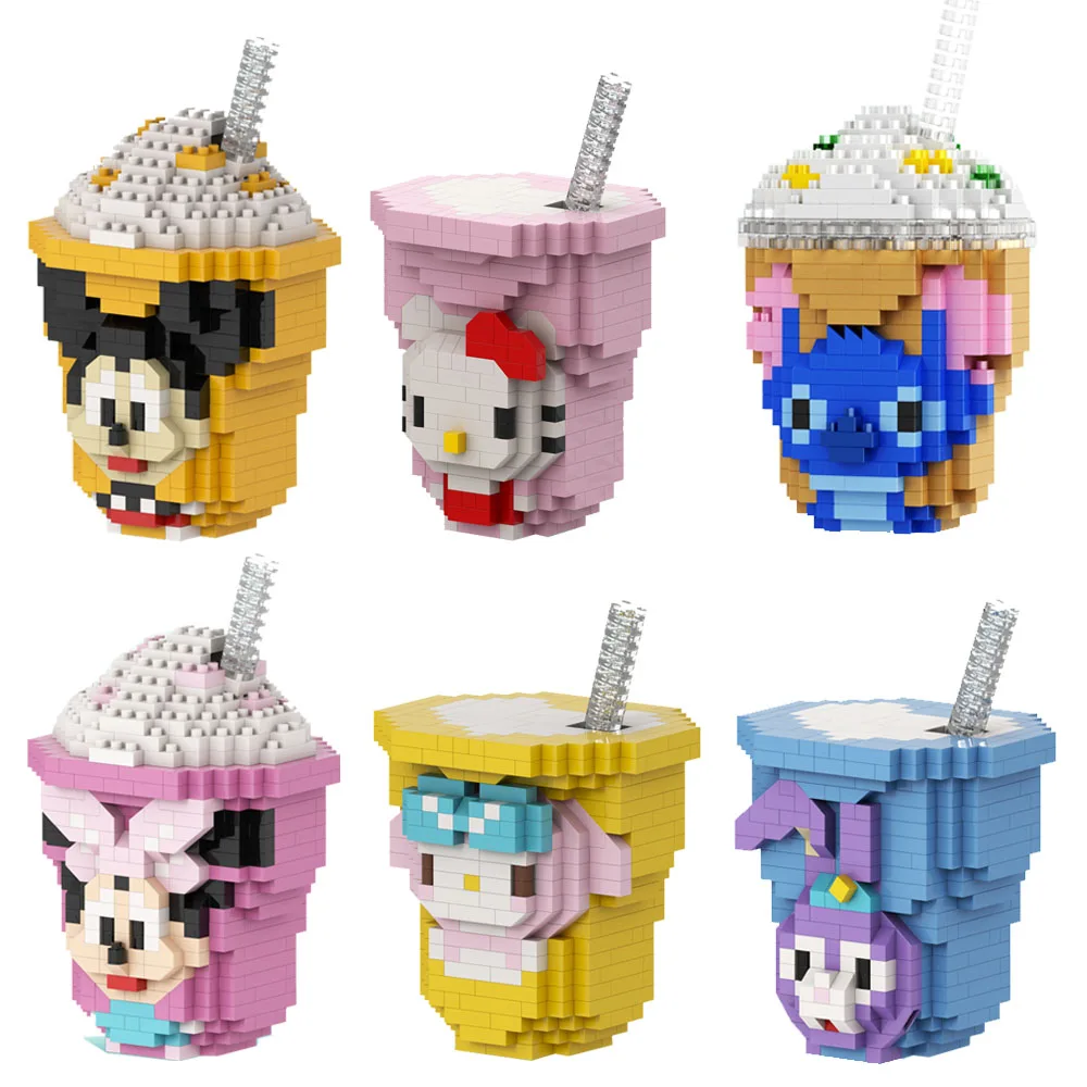 

Disney LinaBell Cinnamoroll MyMelody Stitch StellaLou Mickey Minnie Mouse Anime Building Block Milk Tea Cup Assembling Toys