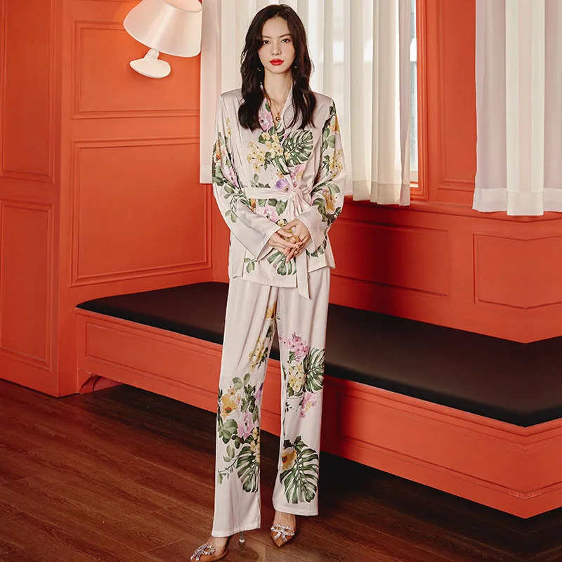 Women 2 Pieces Satin Silk Floral Printed Sleepwear Long Sleeve Surplice Top with Belt and Long Pants Pajamas Set