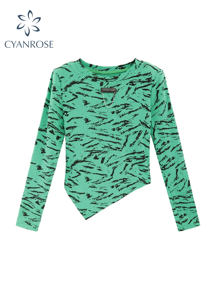 

2022 Spring Women Chic Print Tops T Shirts Vintage Female Indie Aesthetic Clothes Y2k Slim Sexy Long Sleeve Korean Irregular Top