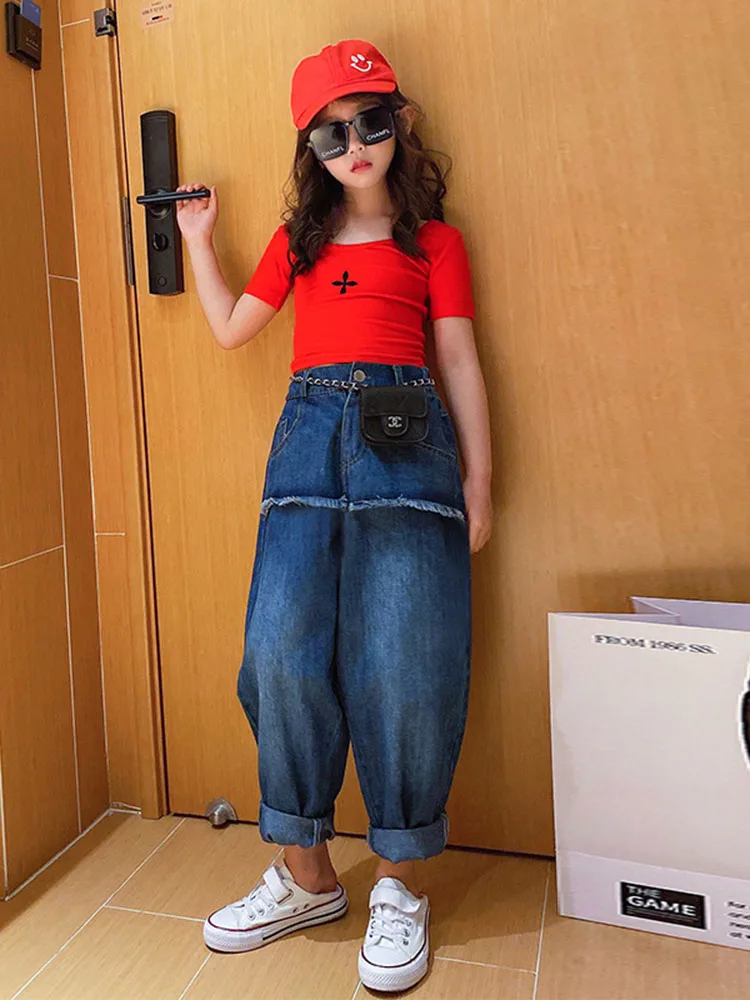 

Girls Net Red Suit Western Style Fake Two-piece Jeans 2022 Spring and Summer New Korean Version of The Big Boy Daddy Pants