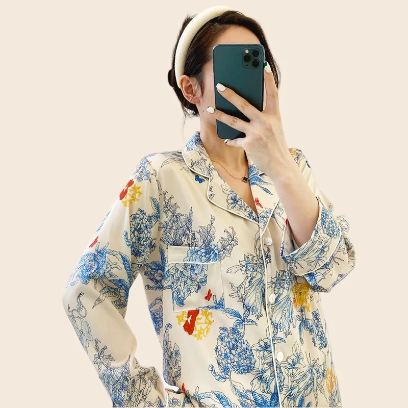 Summer Pajama Sets Pajama Pants Sexy Flower Nighty Clothes T-Shirt Long Pants 2Piece/Set Homewear Cozy Big Size Luxury Designer