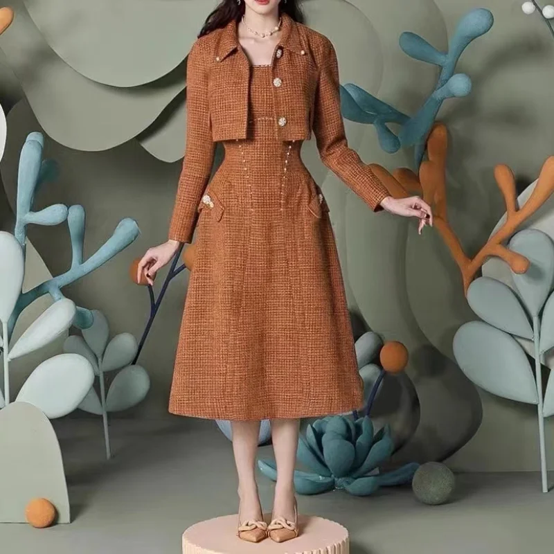 

Vintage Tweed Jackets + Sleeveless Dress Women Autumn 2023 Winter Elegance Dress Sets Ladies Luxury Design Evening 2 Piece Sets