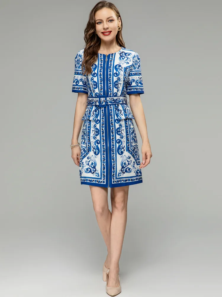 

JUNLINNA Blue and White Porcelain Print Dress Summer Women O-Neck Zipper Flying Belt Fashion Vintage High Street Vestidos