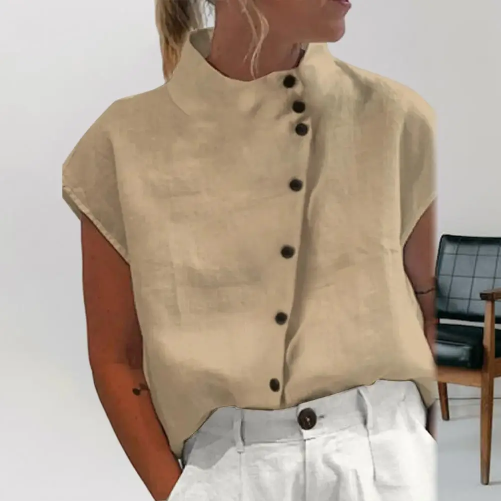 Элегантная рубашка из хлопка и льна с воротником-стойкой тонкая летняя