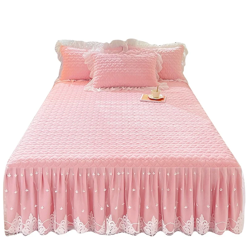 Milk Velvet Quilted Bed Skirt Winter Warm Thickened Bedspread Three-Piece Cover Non-Slip Sheet