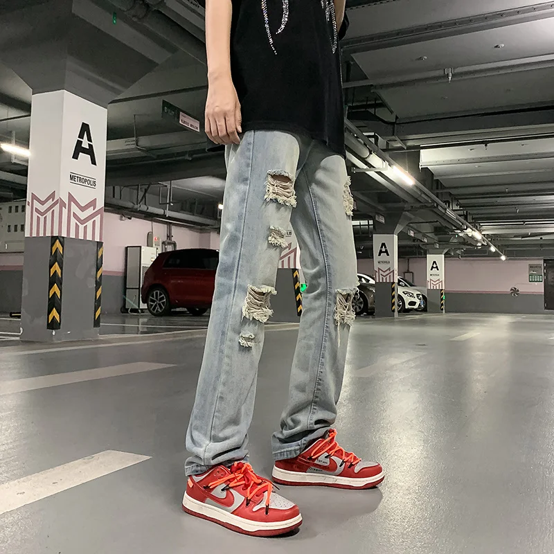 Summer Ripped Blue Jeans Men Slim Fashion Casual Straight Jeans Men Streetwear Hip Hop Hole Denim Pants Mens Trousers S-3XL