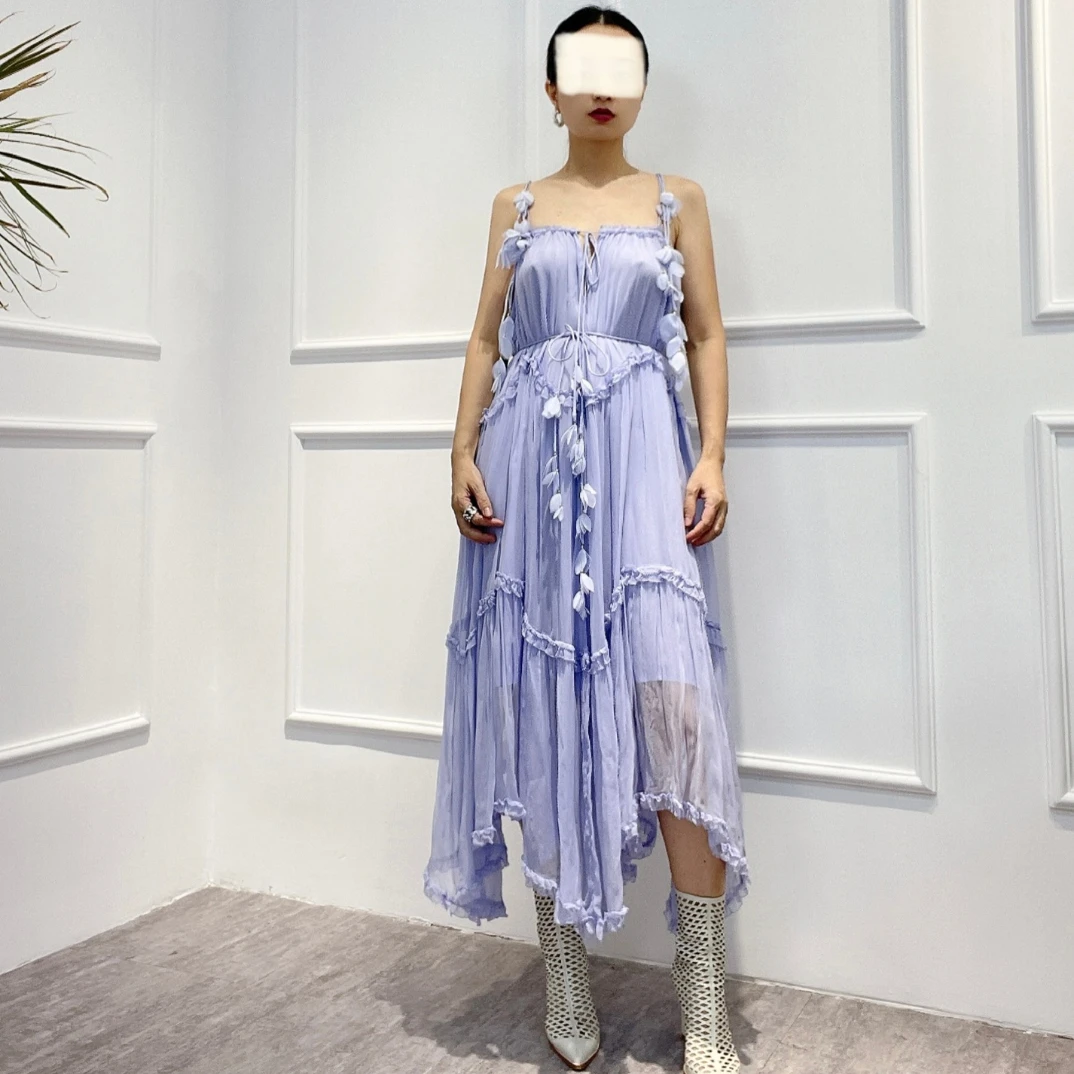

Solid Purple Applique Spaghetti Strap Asymmetrical Midi Elegant Dresses 2022 New Summer Ladies Top Quality Silk Clothing
